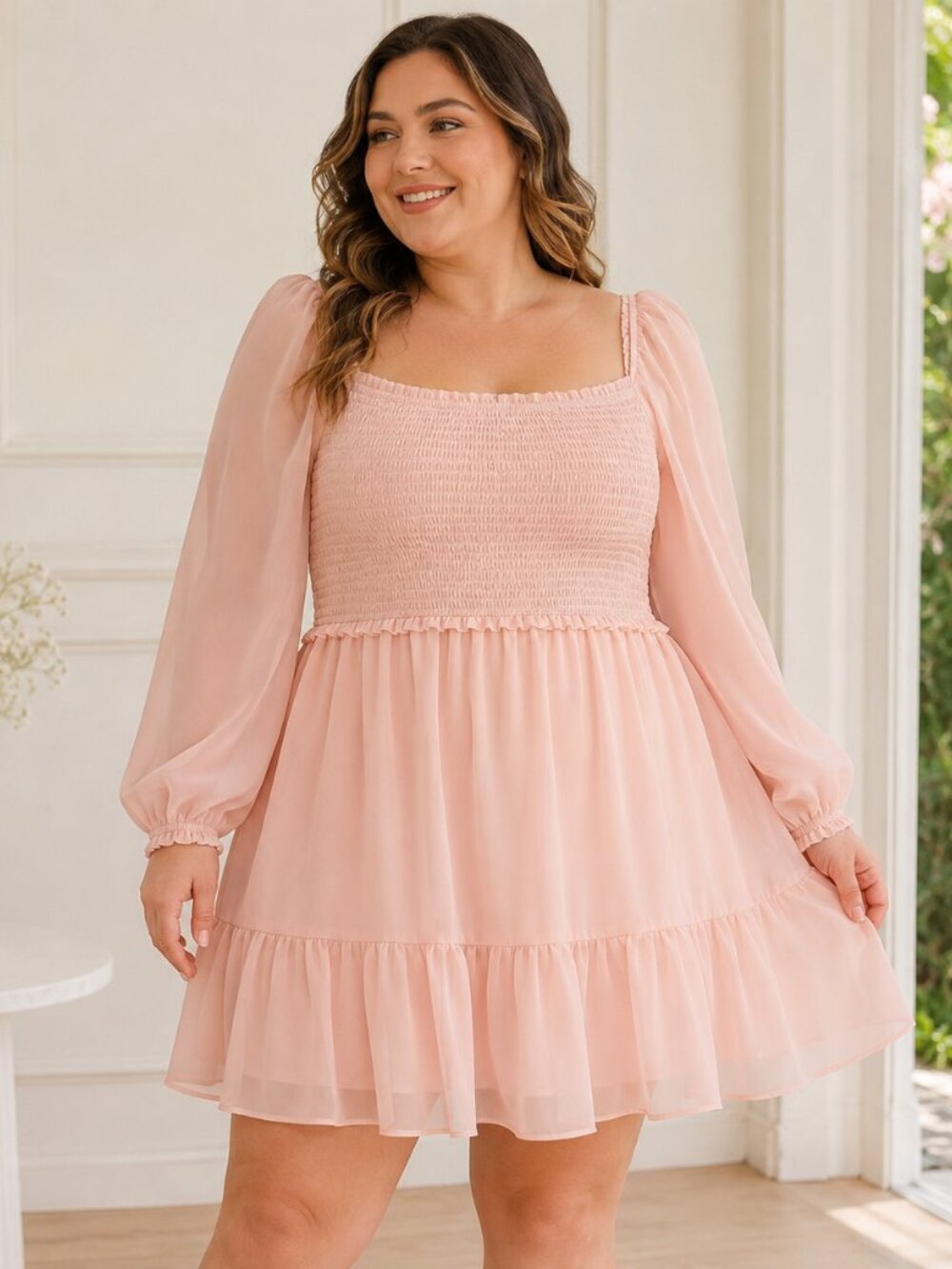 1.State NWT Pink Smocked Long Sleeve Mini Dress XL